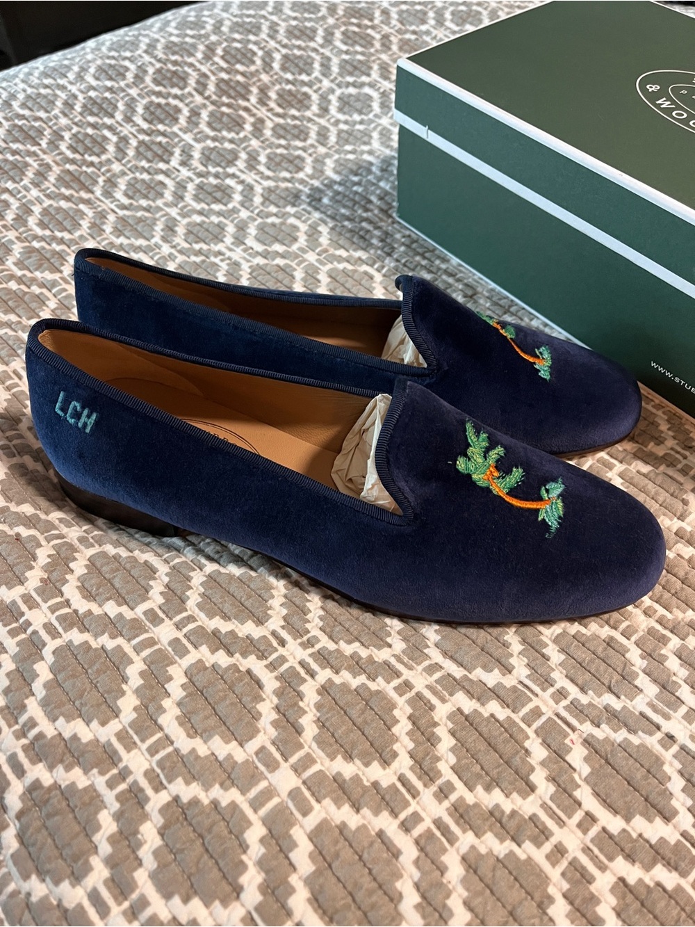 Stubbs & Wootton Navy Velvet  Storm Embroidered Loafers - Picture 9 of 12